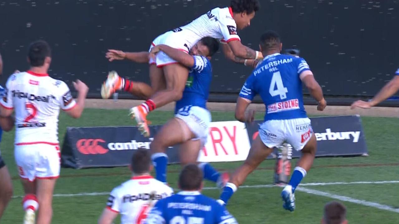 Tristan Sailor flies high for his freak try against the Jets.