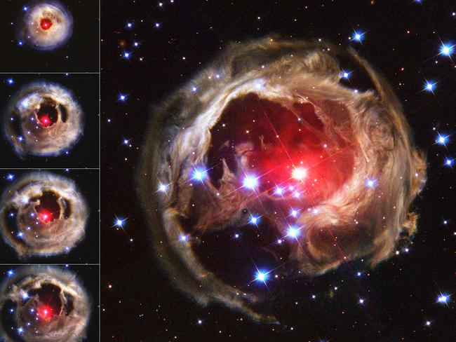 Star burst ... The red supergiant star in the centre of this image brightened suddenly for several weeks in 2002, illuminating dust that may have been ejected from the star during a previous explosion. Picture: Hubblesite.org