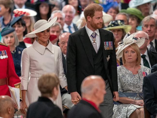 Harry and Meghan arrive at the National Service of Thanksgiving for The Queen's reign at Saint Paul's Cathedral in London. Picture: Arthur Edwards/Pool/AFP