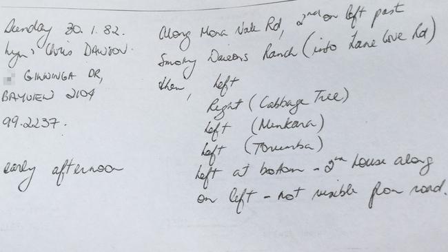 A handwritten note from Lyn Dawson explaining how to get to her house for her mother's 66th birthday party.