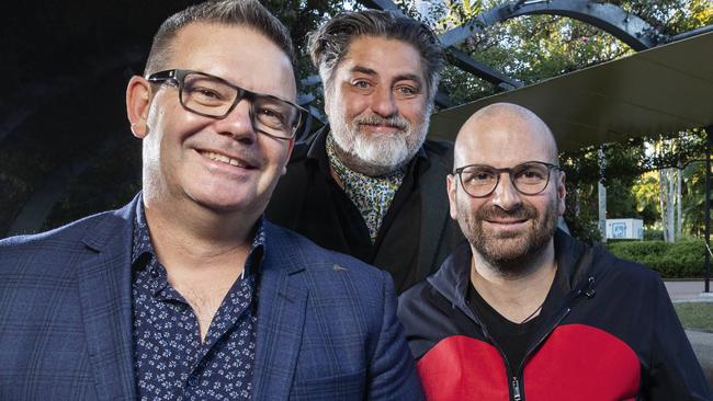 Former Masterchef judges and friends Gary Mehigan, Matt Preston and George Colombaris. Picture Lachie Millard