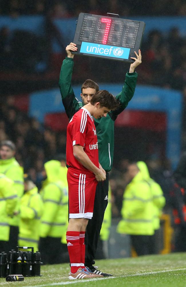 Brooklyn Beckham of Great Britain and Ireland prepares to come on as a substitute for his father, David Beckham during the David Beckham Match for Children in aid of UNICEF between Great Britain and Ireland and Rest of the World at Old Trafford on November 14, 2015 in Manchester. Picture: Getty