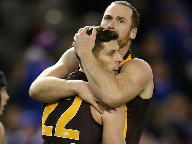 AFL Round 16. 07/07/2018. Western Bulldogs v Hawthorn at Etihad Stadium.  Hawthorn's Jarryd Roughead hugs Luke Breust after he kicked a last qtr goal  . Pic: Michael Klein