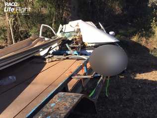 The scene of the crash 11km north of Crows Nest on the New England Highway on Sunday. Picture: RACQ LifeFlight Rescue