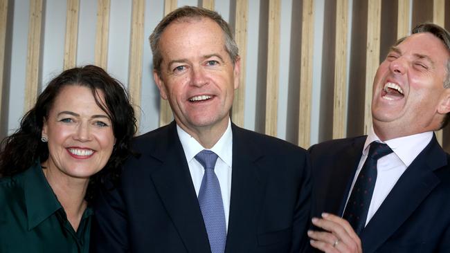 Bill Shorten with Labor candidate for Corangamite Libby Coker and member for Corio Richard Marles yesterday. Picture: Glenn Ferguson