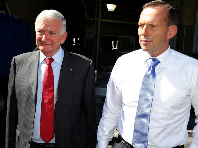 Nick Greiner (left) plans to take Tony Abbott (right) aside to urge him to stop stirring dissent in the Turnbull government. Picture: Supplied