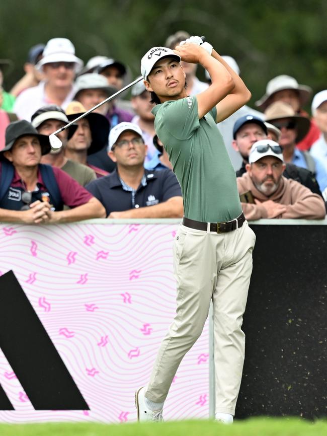 The exuberant Min Woo Lee during round one at the Australian PGA. Picture: Bradley Kanaris/Getty Images