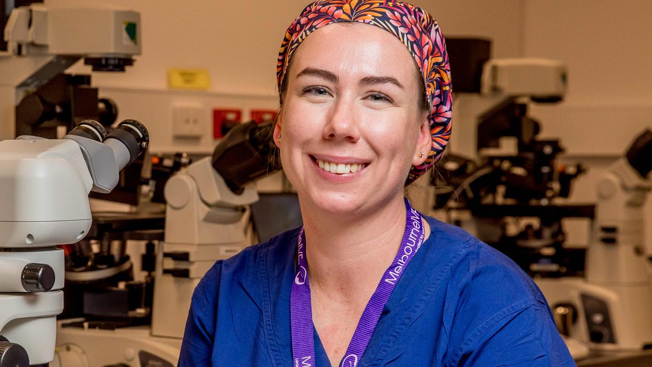 Clinical research embryologist Emma Whatley says working in the very same laboratory at Melbourne IVF where she was created is ‘amazing’. Picture: Tim Carrafa