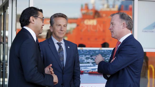 Serco CEO Mark Irwin, ADD Director Nick Gales and Premier Will Hodgman discuss the new Icebreaker, RSV Nuyina. Picture: RICHARD JUPE