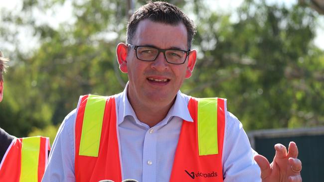 Premier Daniel Andrews at his media conference this morning. AAP Image/Alex Murray