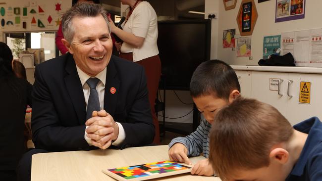 Federal Education Minister Jason Clare jokes with children at The Learning Sanctuary, Brisbane. Picture: Liam Kidston