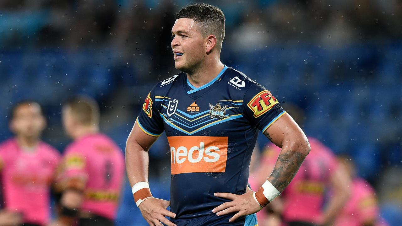 GOLD COAST, AUSTRALIA - JULY 26: Ashley Taylor of the Titans looks dejected during the round 11 NRL match between the Gold Coast Titans and the Penrith Panthers at Cbus Super Stadium on July 26, 2020 in Gold Coast, Australia. (Photo by Matt Roberts/Getty Images)