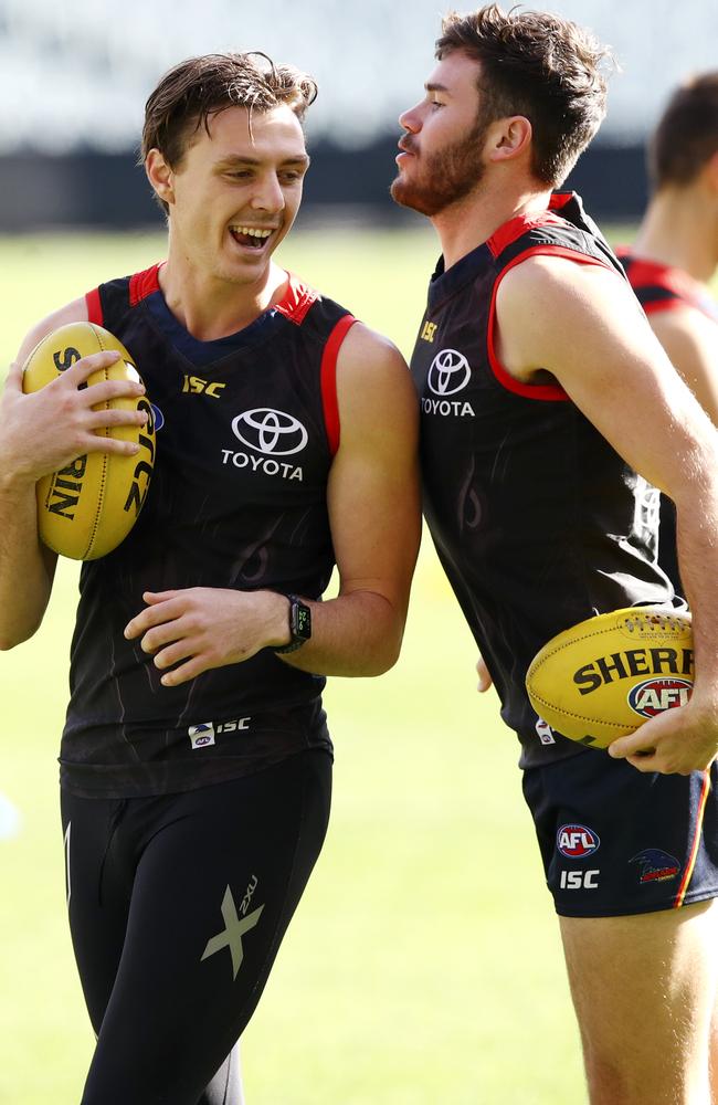 Jake Lever and Mitch McGovern at Crows training in 2017. Picture: SARAH REED
