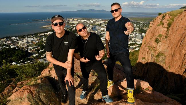 Suffa (Matthew Lambert), DJ Debris (Barry Francis) and Pressure (Daniel Smith) on Castle Hill. Picture: Evan Morgan