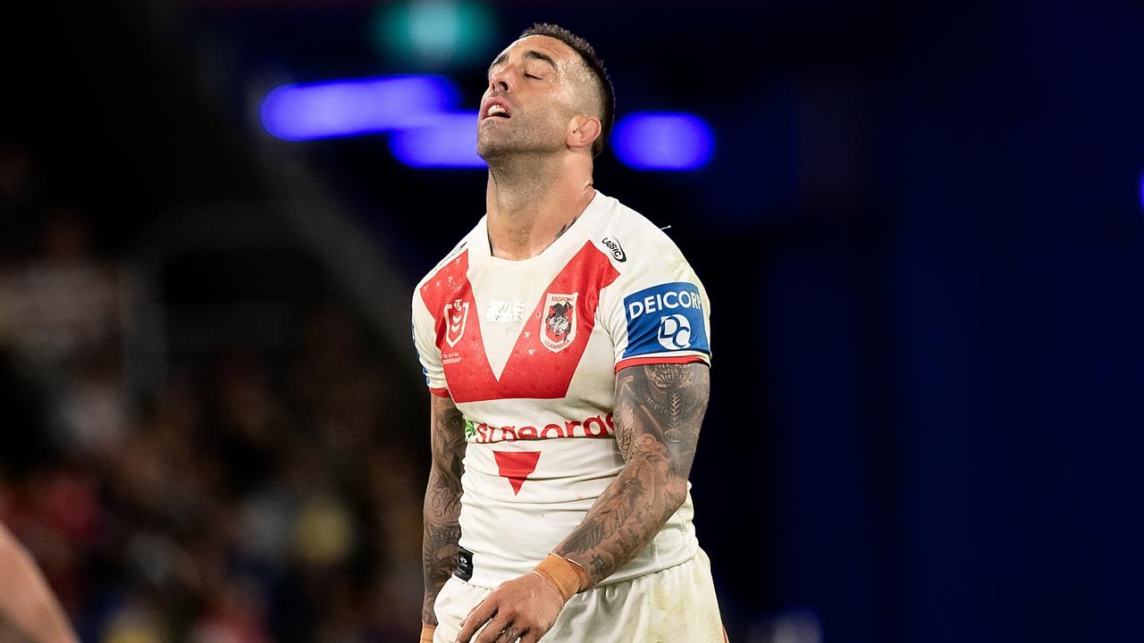 SYDNEY, AUSTRALIA - APRIL 11: Paul Vaughan of the Dragons looks up during the round five NRL match between the Parramatta Eels and St George Illawarra Dragons at Bankwest Stadium on April 11, 2021 in Sydney, Australia. (Photo by Speed Media/Icon Sportswire via Getty Images)