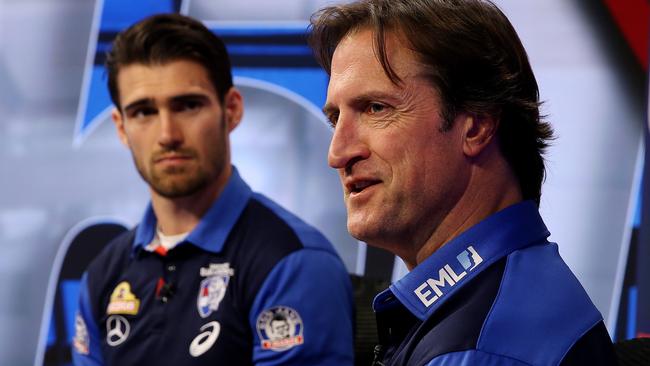 Luke Beveridge with captain Easton Wood. Picture: Michael Klein