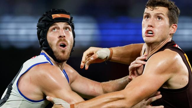 Tristan Xerri (left) has signed with North Melbourne until the end of 2029 after an impressive start to the season in the ruck. Picture: Dylan Burns / Getty Images