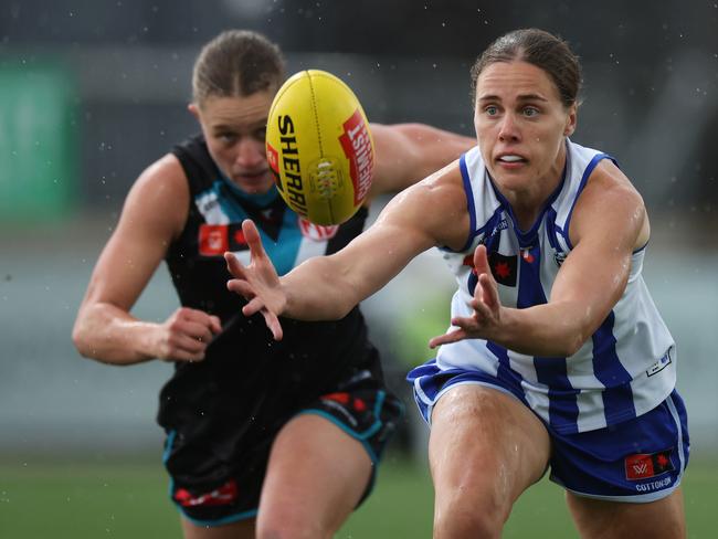 Roos star Jasmine Garner had another 29 disposals in the win over Port Adelaide. Picture: Daniel Pockett/AFL Photos