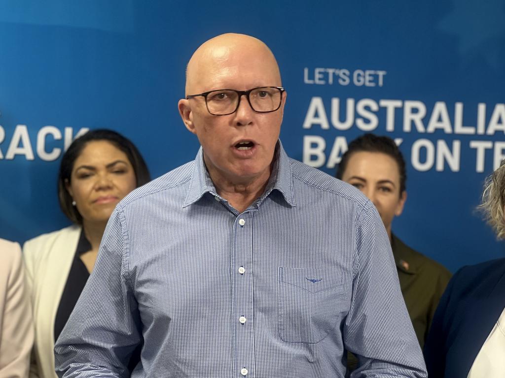 Opposition Leader Peter Dutton addresses media in the Northern Territory on the weekend, committing $368,000 from a revitalised Safer Communities Fund to fast-track public lighting upgrades in Palmerston. Picture: Fia Walsh.