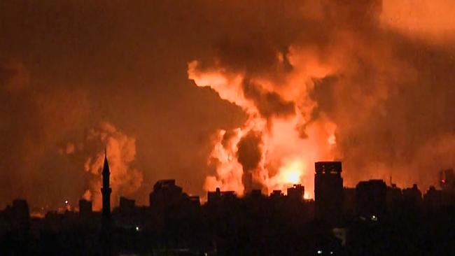 Fire above Gaza City during an Israeli strike of "unprecedented" intensity. Picture: AFP