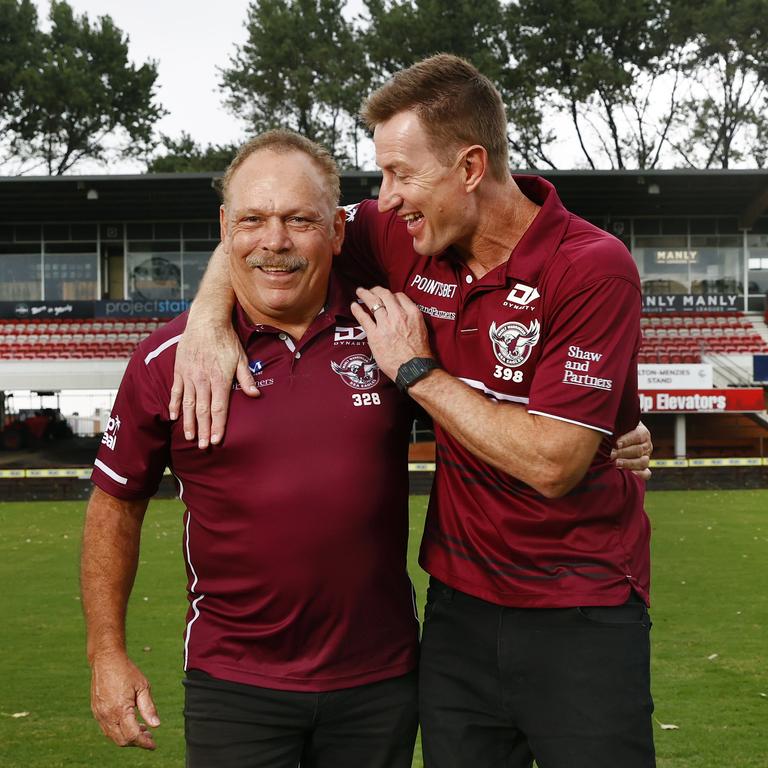 Pictured at Brookvale Oval in Manly are Manly Sea Eagles NRL club legends Steve Menzies and Cliff Lyons. The Current Fulton-Menzies Stand is being renamed the Lyons-Menzies Stand. Picture: Richard Dobson