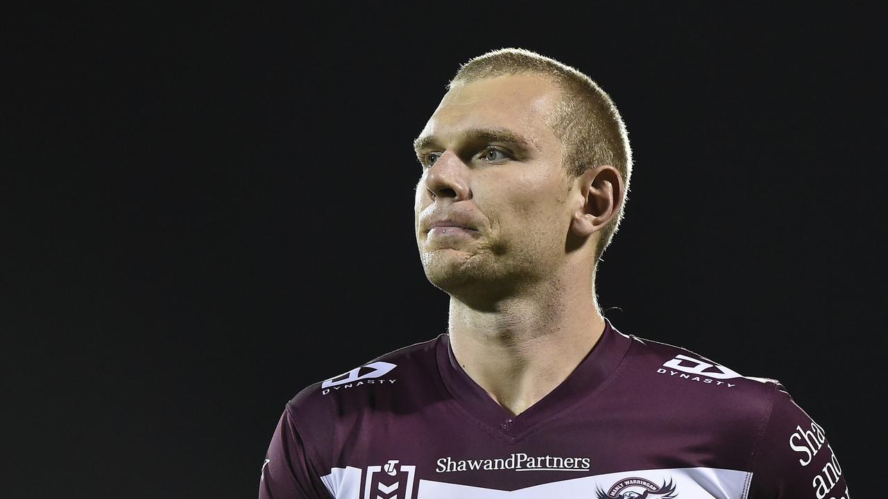 MACKAY, AUSTRALIA - SEPTEMBER 17: Tom Trbojevic of the Sea Eagles looks on ahead of the NRL Semi-Final match between the Manly Sea Eagles and the Sydney Roosters at BB Print Stadium on September 17, 2021 in Mackay, Australia. (Photo by Matt Roberts/Getty Images)