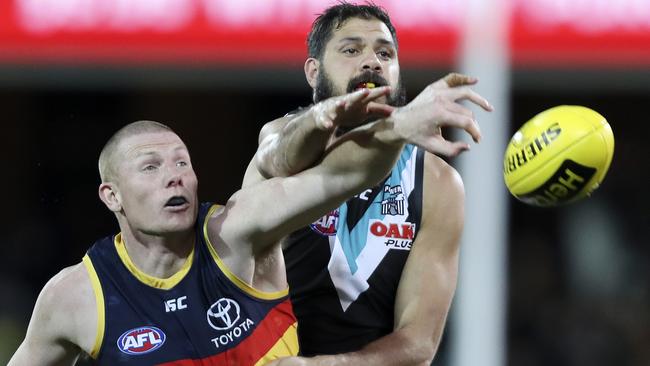 Will Adelaide’s Sam Jacobs and Port’s Paddy Ryder be battling it out on a Friday night at Adelaide Oval in 2019? Picture: Sarah Reed