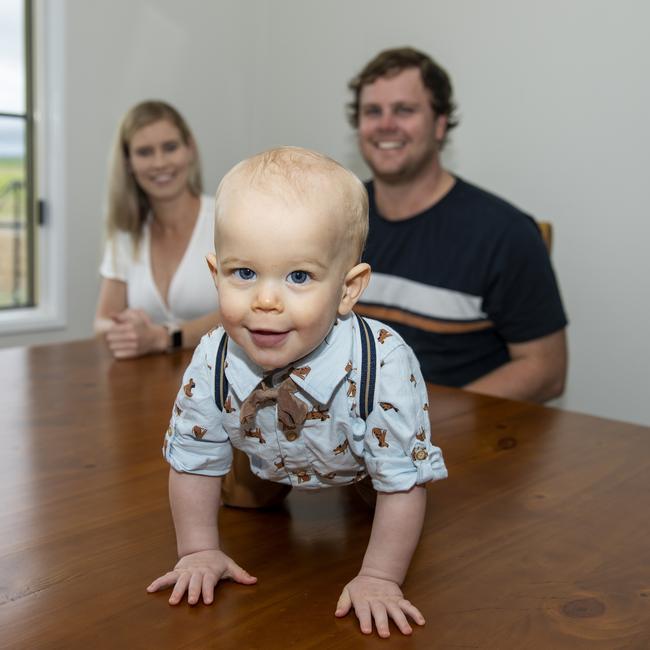Amy Bentley, Riley and Brad Durnsford at their Pindi Pindi home. Picture: Michaela Harlow