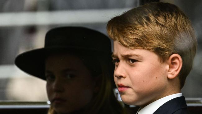 Princess Charlotte and Prince George travel from Westminster Abbey to Wellington Arch in London after the Queen’s funeral. Picture: AFP