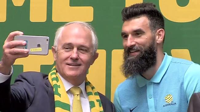 Prime Minister Malcolm Turnbull and Mile Jedinak.