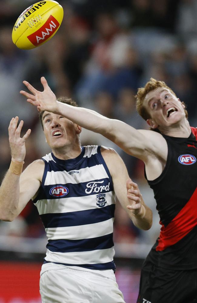 Jeremy Cameron edges out Lewis Hayes at Kardinia Park. Picture: Michael Klein