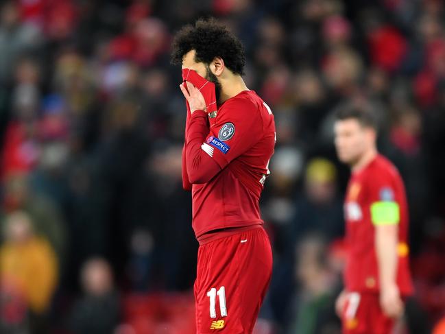 Mohamed Salah of Liverpool reacts after his team lost to Atletico Madrid on March 11. Picture: Getty Images