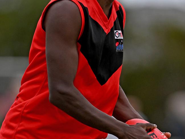 Western RamsÃ Fitzroy Greenwool during the Riddell District FNL Western Rams v Melton Centrals football match at Ian Cowie Recreation Reserve in Rockbank, Saturday, April 1, 2023. Picture: Andy Brownbill