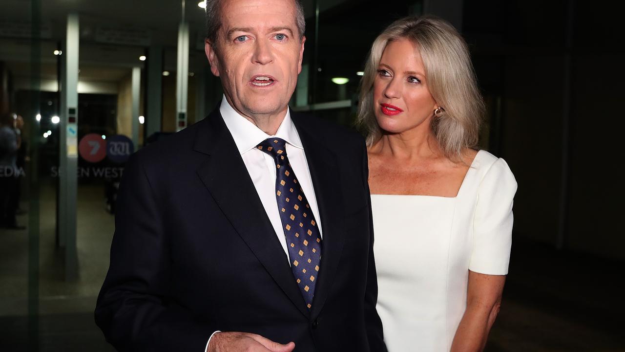 Mr Shorten and wife Chloe leave the Seven West studios in Perth after he managed to get the better of his opponent by talking positives. Picture: Kym Smith