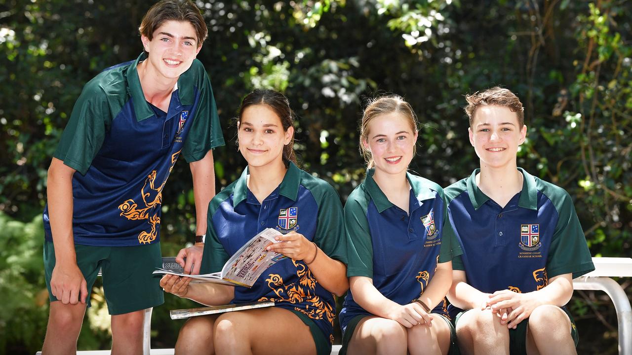 Sunshine Coast Grammar has performed the best out of any school in the region for their Year 9 NAPLAN results. Students, Fynn Van Den Brenk, Agen Collen, Grace Wilson-Smith sand Geordie Marsh. Photo Patrick Woods / Sunshine Coast Daily.