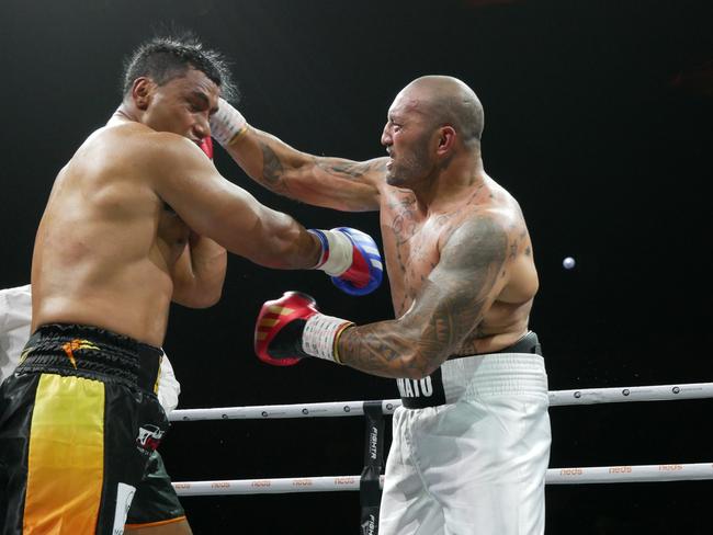 Tevita Pangai Jr Jnr defeats Frank Amato by majority decision (57-57, 58-56, 59-56) at the Battle of the Reef fight night at the Townsville Entertainment and Convention centre, October 7 2023. Picture: Blair Jackson.