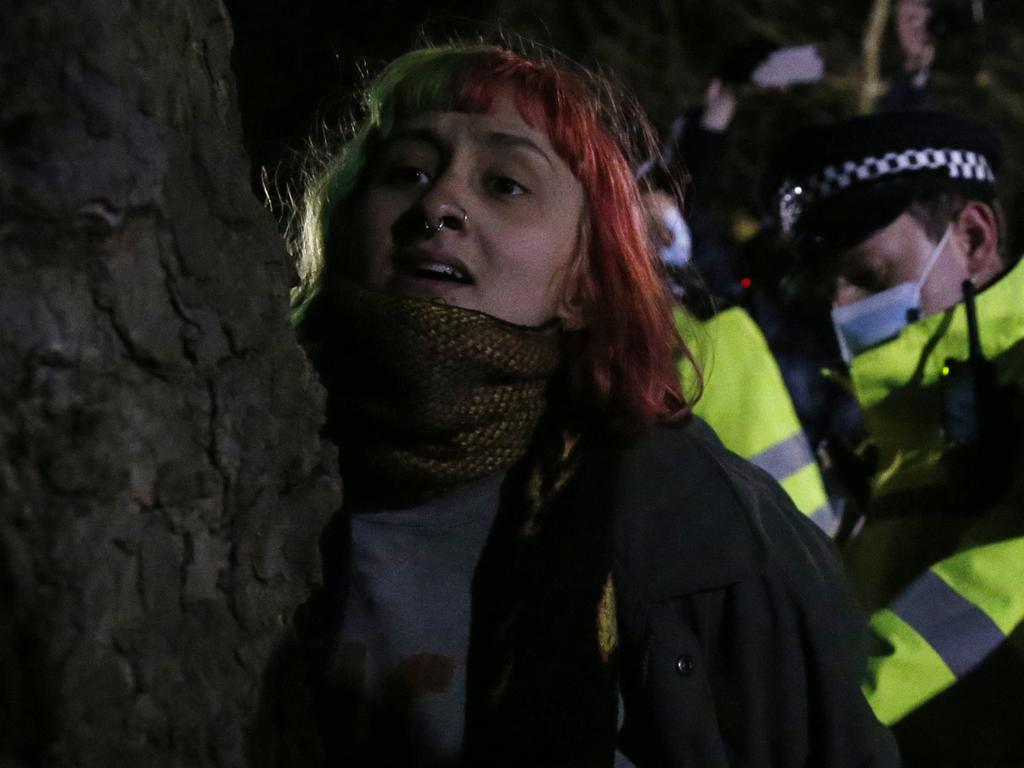 A woman is arrested during a vigil for Sarah Everard on Clapham Common on March 13, 2021 in London, United Kingdom. Picture: Hollie Adams/Getty Images.