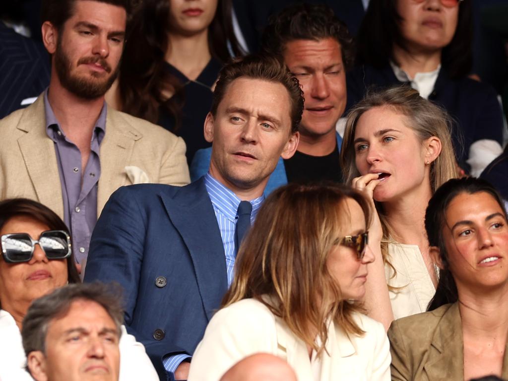 Actors Andrew Garfield, Tom Hiddleston seen in the crowd during the Men's Singles Final against Novak Djokovic of Serbia on day fourteen of Wimbledon 2023. Picture: Getty Images