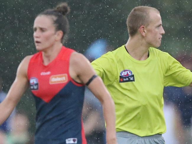 AFLW Round 1 game Melbourne Demons v Brisbane Lions Casey Fields Cranbourne . Umpire stops play due to lighning in the first half Picture:Wayne Ludbey