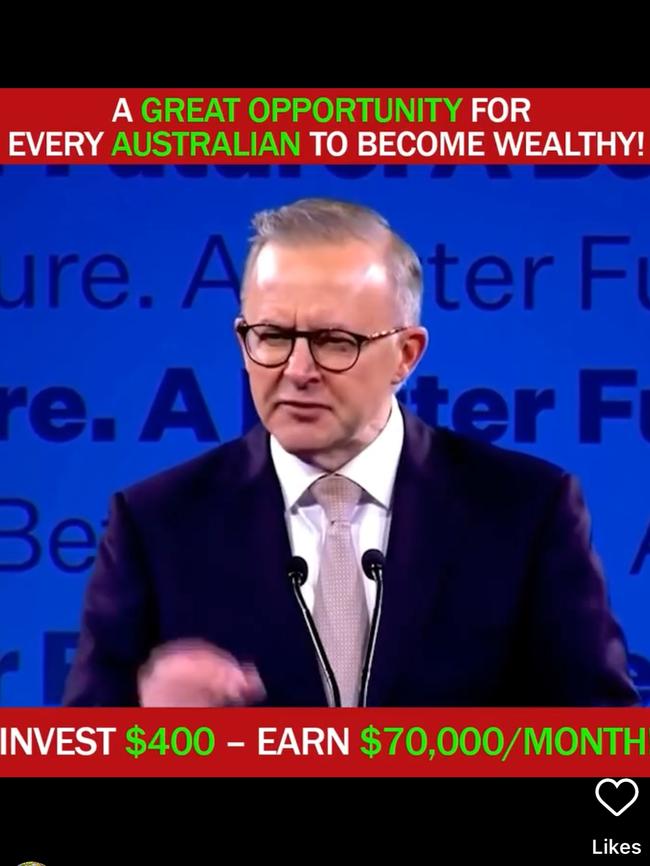 An image of the scam ads falsely showing Anthony Albanese promoting an investment. Pictures: Supplied