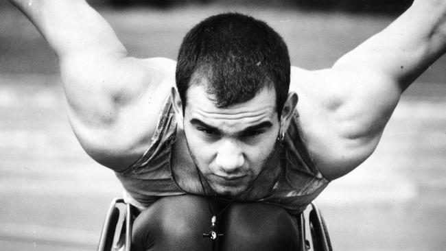 Wheelchair athlete Dino Priolo, 20, of Fulham Gardens, preparing to race in the City-Bay Fun Run in 1994.