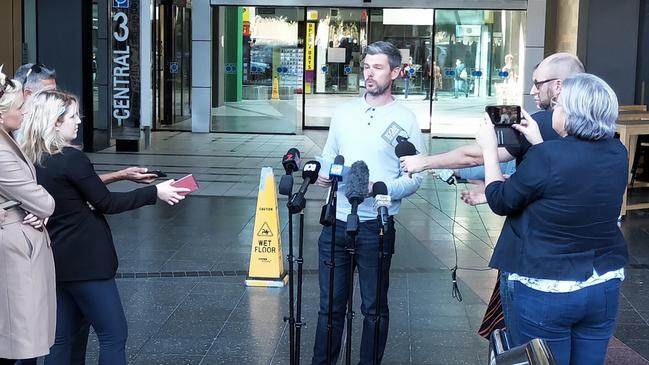 Kris Bunker addresses the media in the aftermath of an emergency meeting relating to Earle Haven nursing home. Picture: Jerad Williams