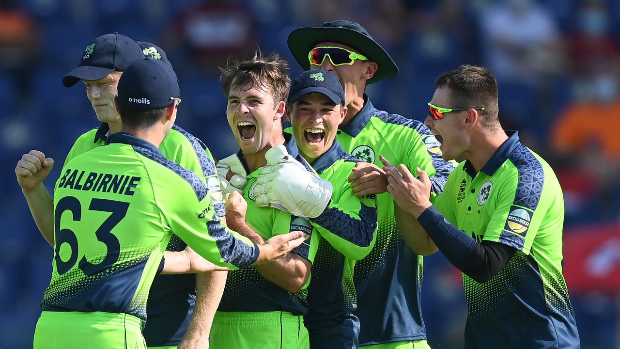 Curtis Campher of Ireland celebrates the wicket of Scott Edwards. Photo by Gareth Copley-ICC/ICC via Getty Images