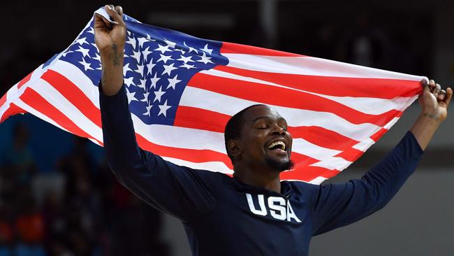 USA's Kevin Durant celebrates after winning gold.