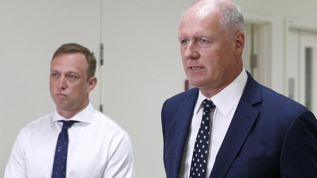 L to R: Queensland Health Minister Steven Miles and Queensland Health Director-General Dr John Wakefield discuss the investigation into the Redland Hospital doctor. Photo: Steve Pohlner