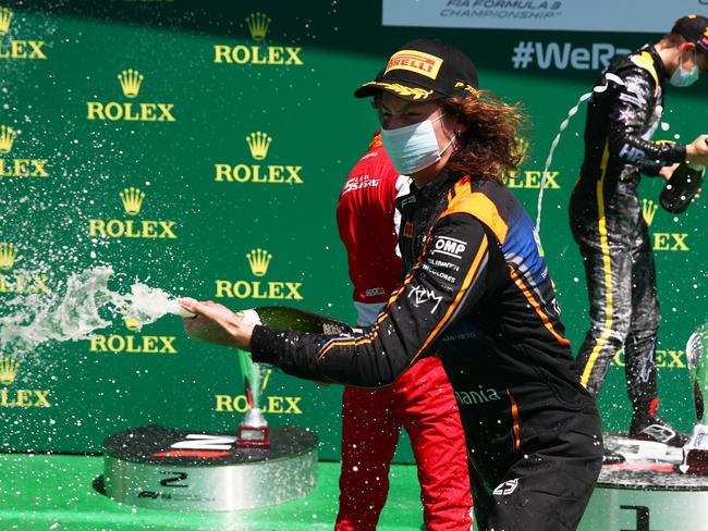 Alex Peroni celebrates his first F3 podium position. Picture: Formula 1 via Getty Images/Dutch Photo Agency