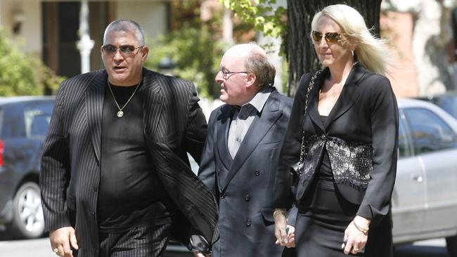 Underworld identity Mick Gatto, Ray Towell (friend of Lewis Moran) and underworld solicitor Nicola Gobbo at the Flemington funeral of lawyer and ALP member Stephen Drazetic, 10 October 2008. Picture: Supplied