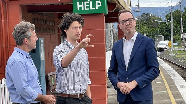 Greens candidates Jamie Dixon (Whitlam), Dylan Green (Cunningham) and David Shoebridge (senate) at Kembla Grange Racecourse Station last week. Picture: Dylan Arvela