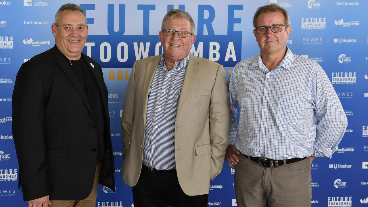 At the Future Toowoomba lunch are (from left) Wayne Bradshaw, Mike Stewart of LJ Hooker and Phil Stonestreet at Wellcamp Airport, Friday, December 3, 2021. Picture: Kevin Farmer