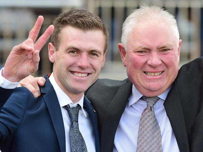 Trainer Clayton Douglas and his uncle, racing manager Rod Douglas, after a Giga Kick win in 2022. Picture: Vince Caligiuri/Getty Images